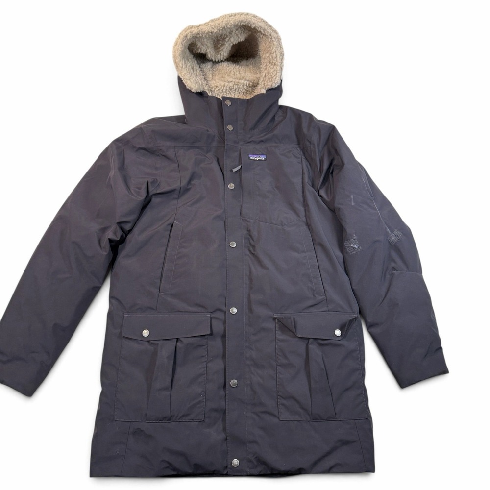 Patagonia Downdrift Parka Mens Medium Black Down Winter Coat Sherpa Hooded